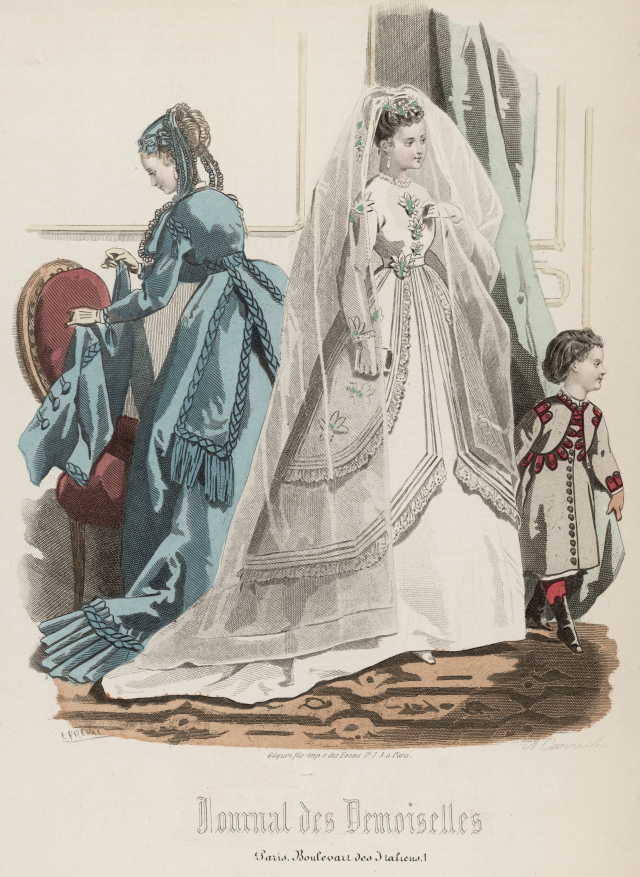 A bride wears white in the April 1868 issue of the Journal des Demoiselles, an early French fashion magazine.
