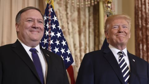 US President Donald Trump arrives to attend the ceremonial swearing-in of US Secretary of State Mike Pompeo(L) at the State Department in Washington, DC, May 2, 2018. (SAUL LOEB/AFP/Getty Images)
