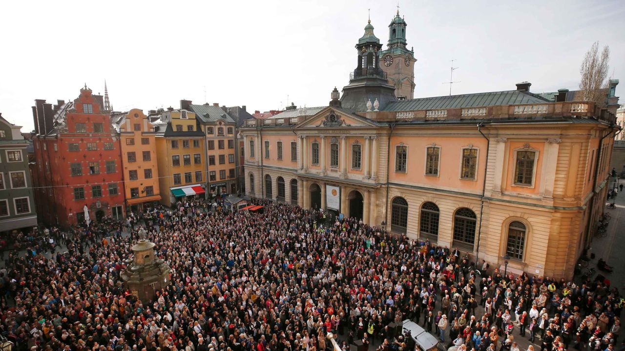 People gather outside the Swedish Academy in Stockholm to show their support for former Permanent Secretary Sara Danius on April 19, 2018.