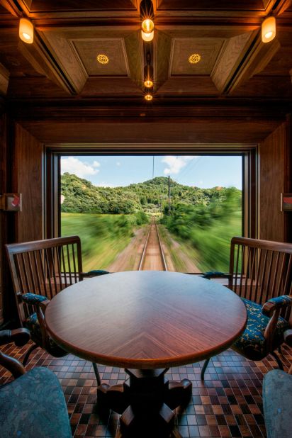 The train travels throughout Kyushu, a southern island in Japan. Along the way, passengers can stop and tour local shrines and hot spots, like Mount Aso. 