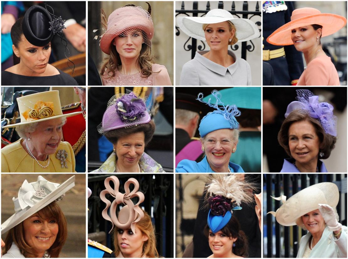A rainbow of hats worn by guests at the wedding of Prince William and Kate Middleton in 2011.