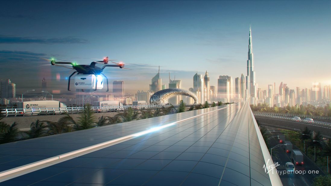 A rendering of a DP Cargospeed route with drones and trucks working within the supply chain. Drone delivery services are taking off in Dubai, and are just one way drones are becoming integrated into everyday life.