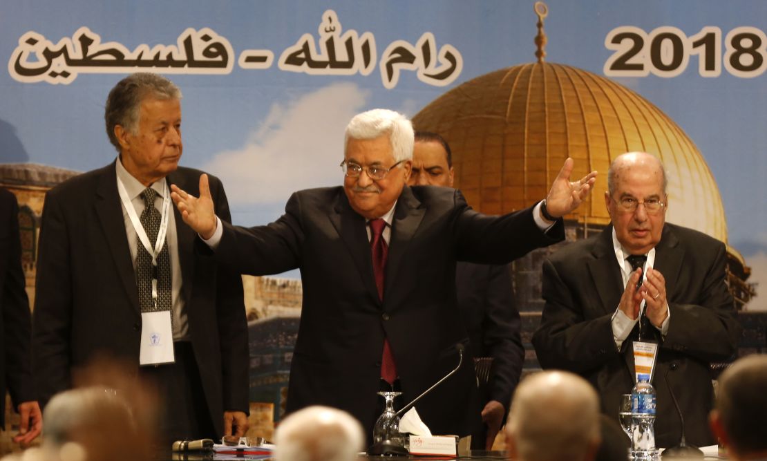 Palestinian Authority President Mahmoud Abbas gestures as he chairs a Palestinian National Council meeting on Monday.