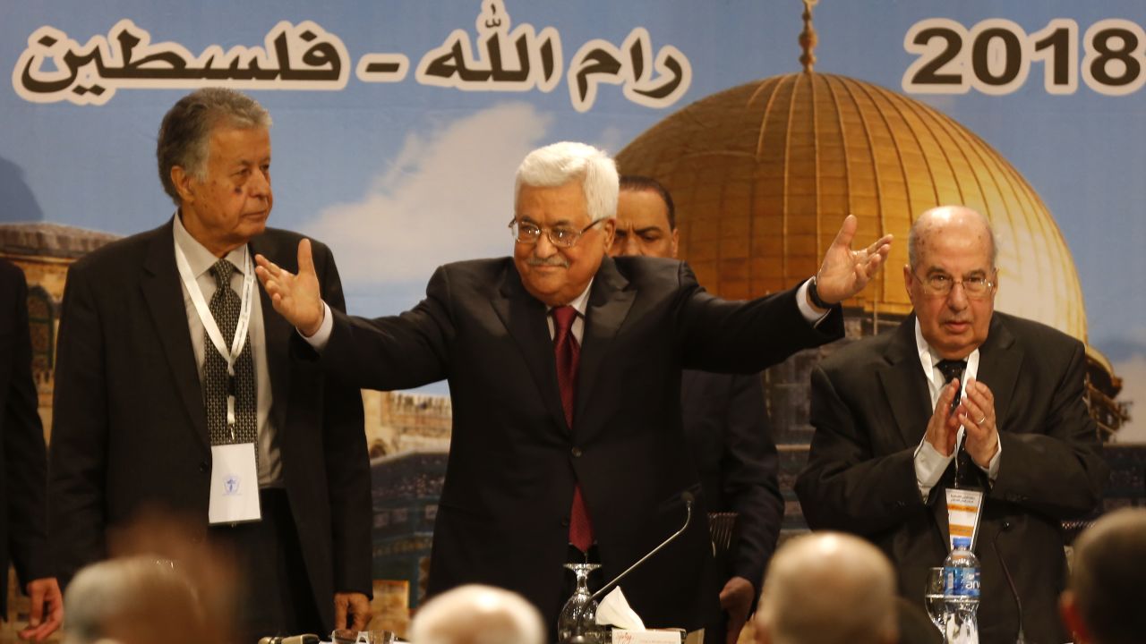 Palestinian Authority President Mahmoud Abbas gestures as he chairs a Palestinian National Council meeting on Monday.