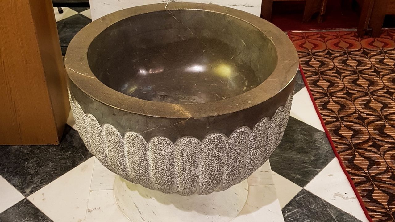 <strong>Baptismal font:</strong> This font in St. Lawrence Church, Raka, is where Melania Trump was baptized in June 1970, according to parish priest Franc Levicar.
