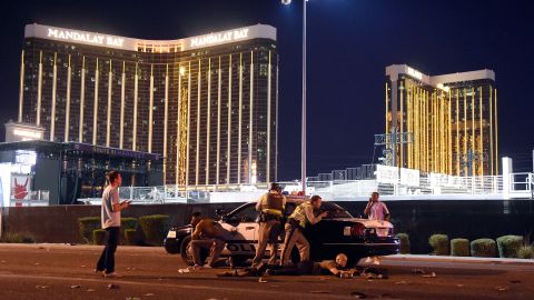Las Vegas police stand outside the Route 91 Harvest music festival after reports of an active shooter.