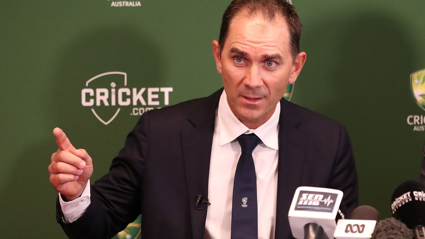 New Australia coach Justin Langer speaks to the media during a press conference in Melbourne, Australia. 
