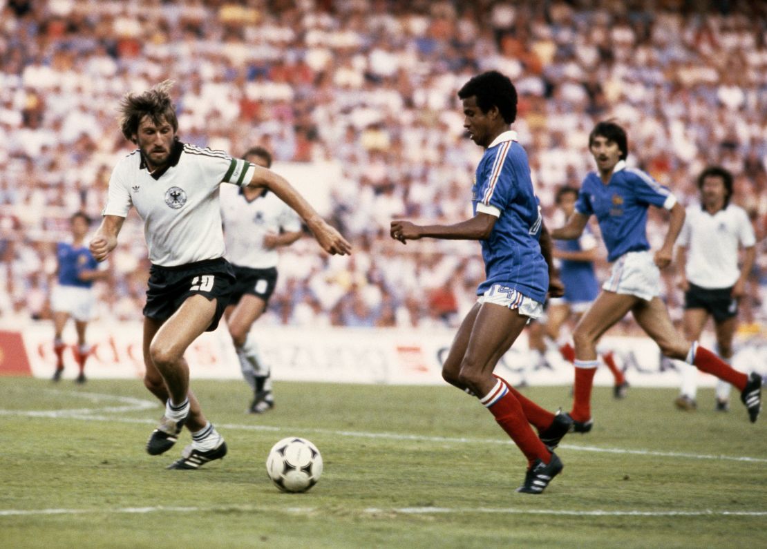 Germany's black and white kit, worn here in the 1982 World Cup semifinal by Manfred Kaltz.