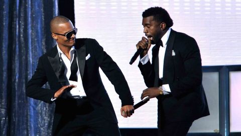 Rappers T.I. (L) and Kanye West perform during the 51st Annual Grammy Awards in 2009. 