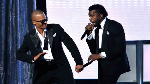 Rappers T.I. (L) and Kanye West perform during the 51st Annual Grammy Awards in 2009.