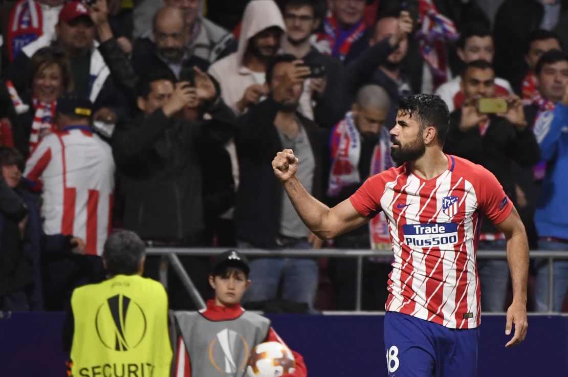 Diego Costa celebrates his winning goal which put Ateltico Madrid in the Europe League final.