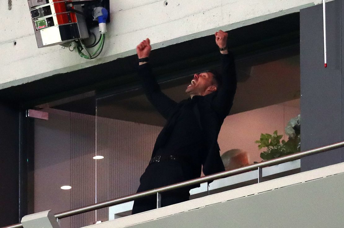 Atletico Madrid coach Diego Simeone celebrates as his side reaches the Europa League final.
