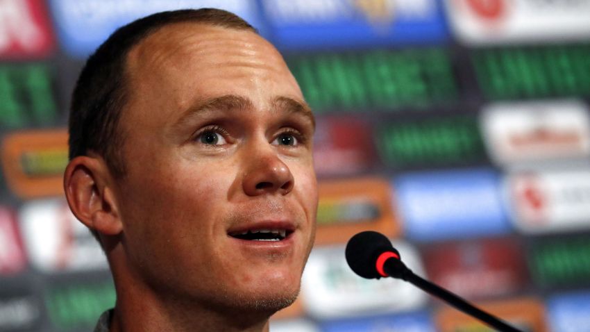 British cyclist Chris Froome of Team Sky gives a press conference in Jerusalem on May 2, 2018, two days prior to the start of The Giro d'Italia cycling race. - The race's "Big Start", beginning on May 4, marks the first time any of cycling's three major races -- the Giro, Tour de France and Vuelta a Espana -- will begin outside of Europe. (Photo by LUK BENIES / AFP)        (Photo credit should read LUK BENIES/AFP/Getty Images)
