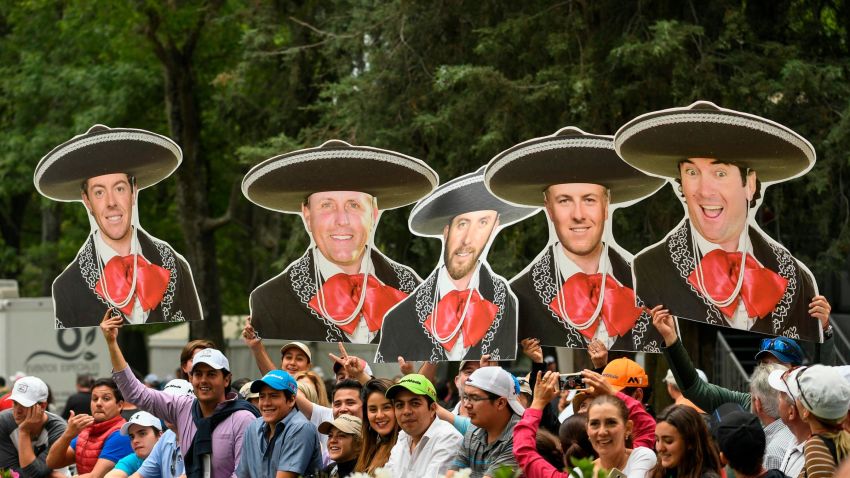 MEXICO CITY, MEXICO - MARCH 04: Fans hold up card board mariachi cutouts of Rory McIlroy, Phil Mickelson, Dustin Johnson, Jordan Spieth, and Bubba Watson during the third round of the World Golf Championships-Mexico Championship at Club de Golf Chapultepec on March 4, 2017 in Mexico City, Mexico. (Photo by Ryan Young/PGA TOUR)