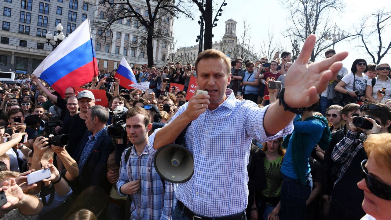 Russian opposition leader Alexei Navalny addresses supporters Saturday at an anti-Putin rally in Moscow.