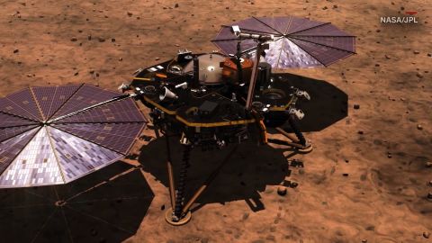 This illustration shows the InSight lander as scientists and engineers first pictured how it would look on the Martian surface.