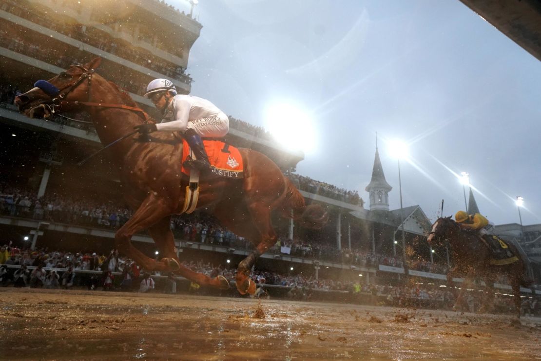 Justify crosses the finish line at last year's Kentucky Derby. 