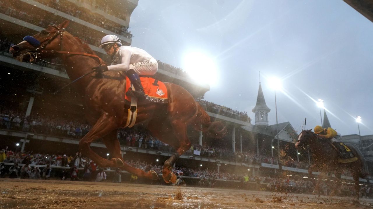 Justify crosses the finish line at last year's Kentucky Derby.
