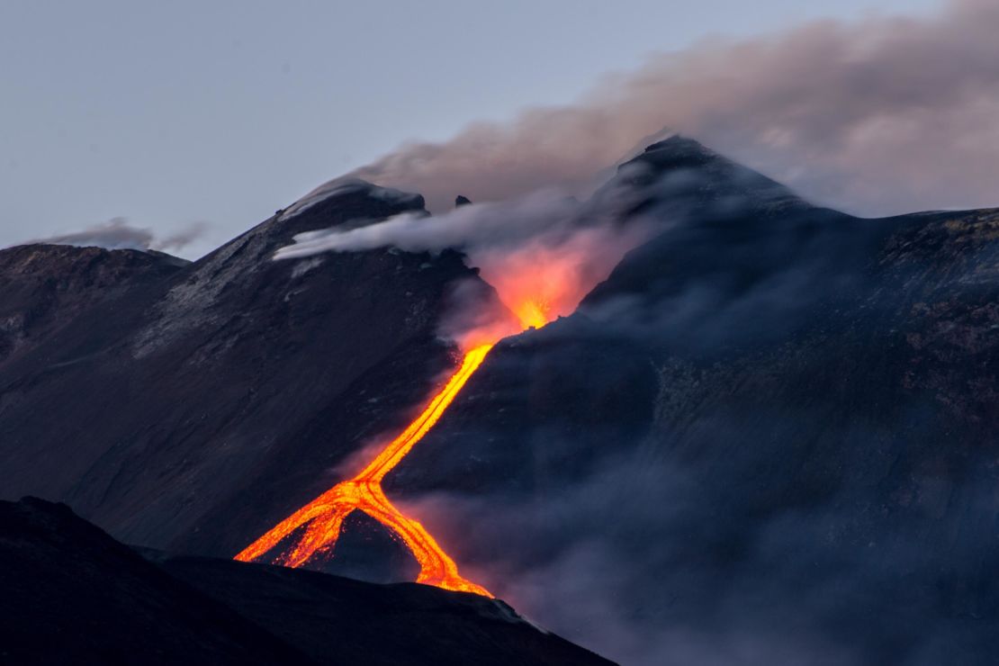 Lava flows from a volcanic vent in Italy.