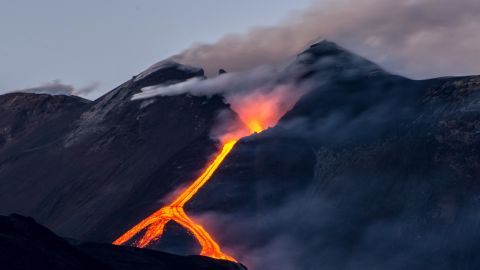 Lava flows from a volcanic vent in Italy.