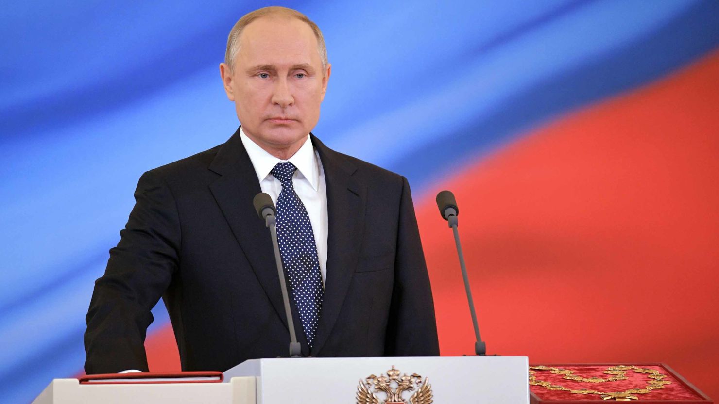 Russian president-elect Vladimir Putin takes the oath of office during a ceremony at the Kremlin in Moscow on May 7.
