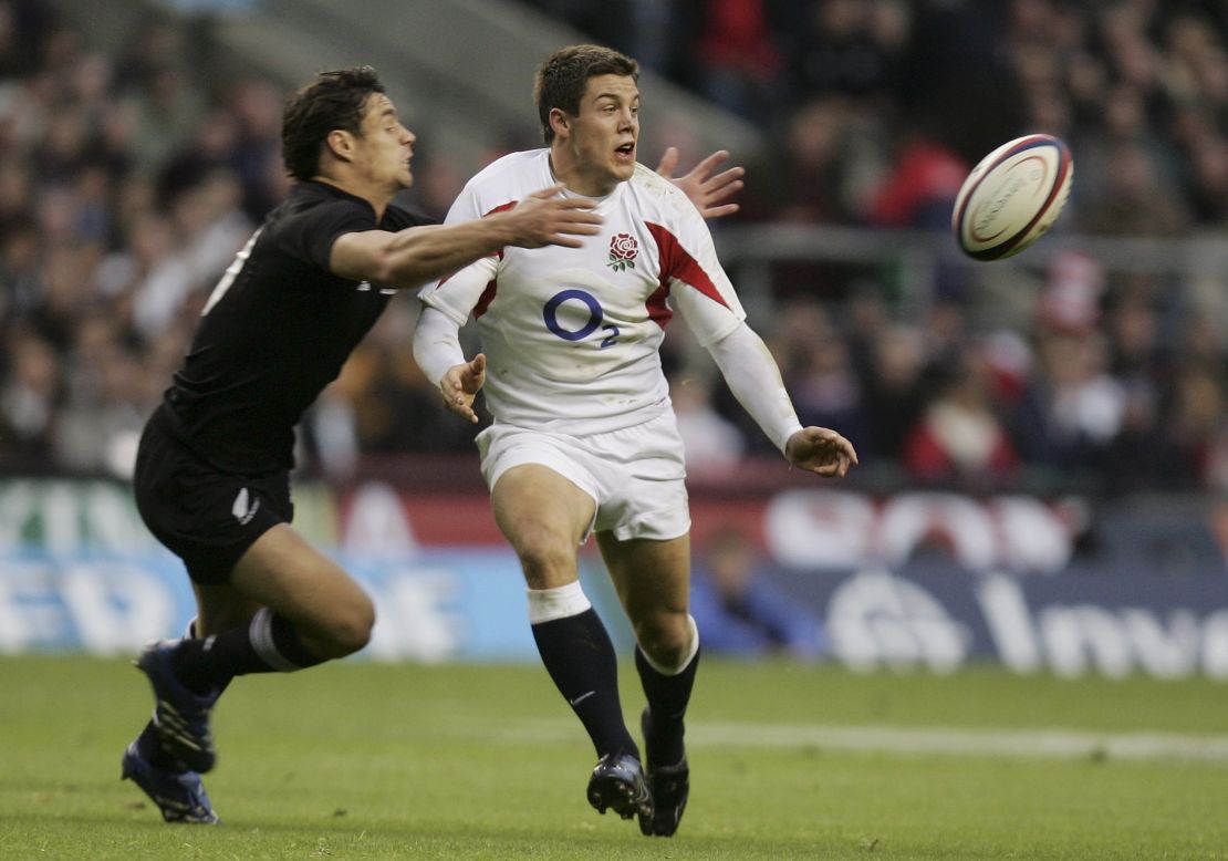 A 20-year-old Anthony Allen is tackled by New Zealand great Dan Carter on his test debut. 