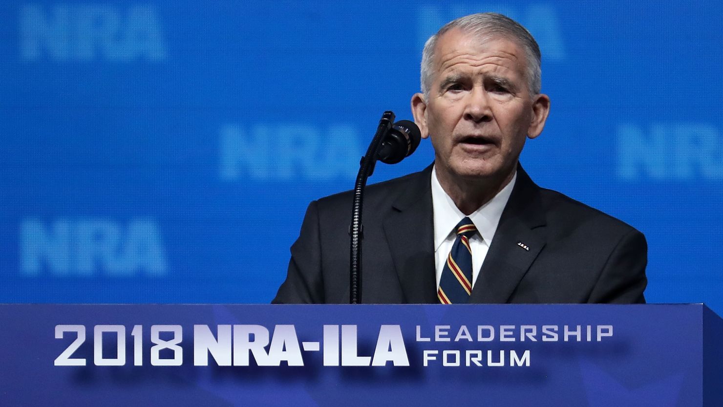 Oliver North speaks at an NRA meeting in Dallas on May 4.