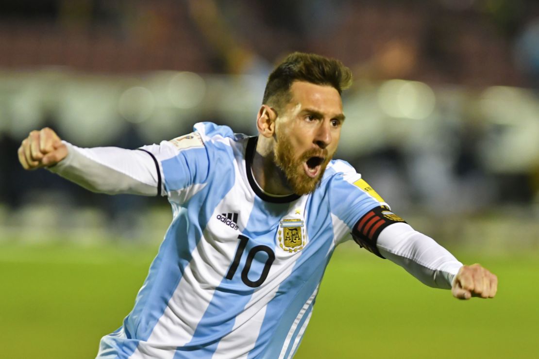 Argentina's Lionel Messi celebrates after scoring against Ecuador during their 2018 World Cup qualifier in Quito, Ecuador.