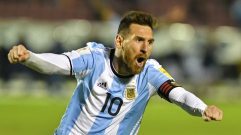 Argentina's Lionel Messi celebrates after scoring against Ecuador during their 2018 World Cup qualifier in Quito, Ecuador.