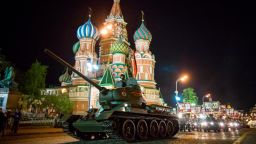 World War II era Soviet tanks T-34 makes their way through the Red Square with the St. Basil's Cathedral in the background, during a rehearsal for the Victory Day military parade on Thursday, May 3, 2018. The parade will take place at Moscow's Red Square on May 9 to celebrate 73 years of the victory in WWII. (AP Photo/Alexander Zemlianichenko)
