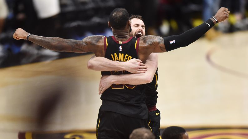 Kevin Love hugs Cleveland teammate LeBron James after <a href="index.php?page=&url=https%3A%2F%2Fbleacherreport.com%2Farticles%2F2774521-lebron-james-dominates-again-as-cavaliers-win-game-3-over-raptors" target="_blank" target="_blank">James hit the game-winning shot</a> to defeat Toronto in Game 3 of their second-round playoff series on Saturday, May 5. 