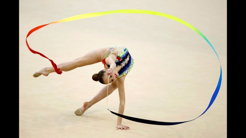 Anastasiia Salos, a rhythmic gymnast from Belarus, performs during an event in Guadalajara, Spain, on Saturday, May 5.