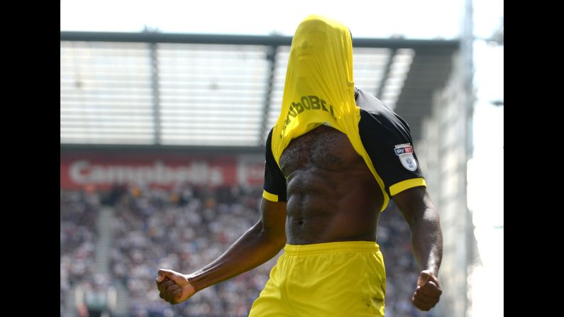 Hope Akpan, a midfielder for Burton Albion, celebrates a goal during a league match against Preston North End on Sunday, May 6. Burton lost 2-1, however, and was relegated from the second tier of English soccer.