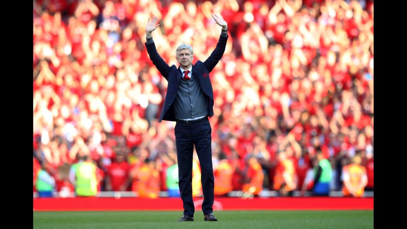 Arsenal manager Arsene Wenger waves goodbye to fans after a Premier League match in London on Sunday, May 6. <a href="index.php?page=&url=https%3A%2F%2Fwww.cnn.com%2F2018%2F04%2F20%2Fsport%2Farsenal-arsene-wenger-retire-spt%2Findex.html" target="_blank">Wenger is leaving the club</a> after 22 seasons in charge. <a href="index.php?page=&url=http%3A%2F%2Fwww.cnn.com%2F2018%2F04%2F30%2Fsport%2Fgallery%2Fwhat-a-shot-0501%2Findex.html" target="_blank">See 26 amazing sports photos from last week</a>