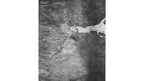 An aerial view of the Mauna Loa eruption in 1942. The lava flow was bombed in an effort to divert it. 