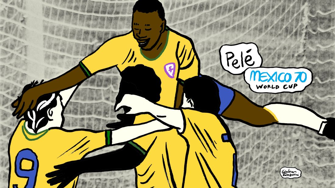 Brazil's 100th World Cup goal, celebrated wildly by Pele, who jumped into the air with joy as his side took the lead in the final against Italy. The game ended 4-1 to Brazil -- their third World Cup victory. 