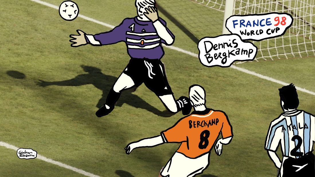 A Dutch master at work ... Dennis Bergkamp stops Frank de Boer's pass dead, transferring the ball to his left foot as he twists past Argentina's Roberto Ayala. His third touch, again with his right boot, flicks it past Carlos Roa, the keeper. Three perfect touches to take the ball from a speculative punt upfield to what remains one of the ultimate moments of skill ever displayed in a World Cup.