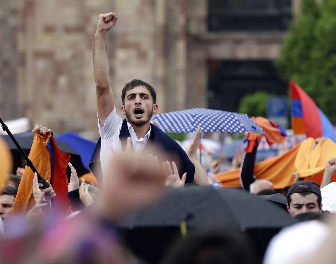 People cheer in Republic Square, Yerevan, after Pashinyan was elected prime minister. 