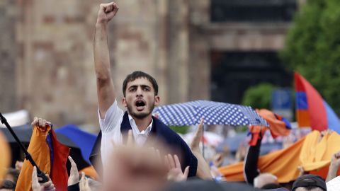 People cheer in Republic Square, Yerevan, after Pashinyan was elected prime minister. 