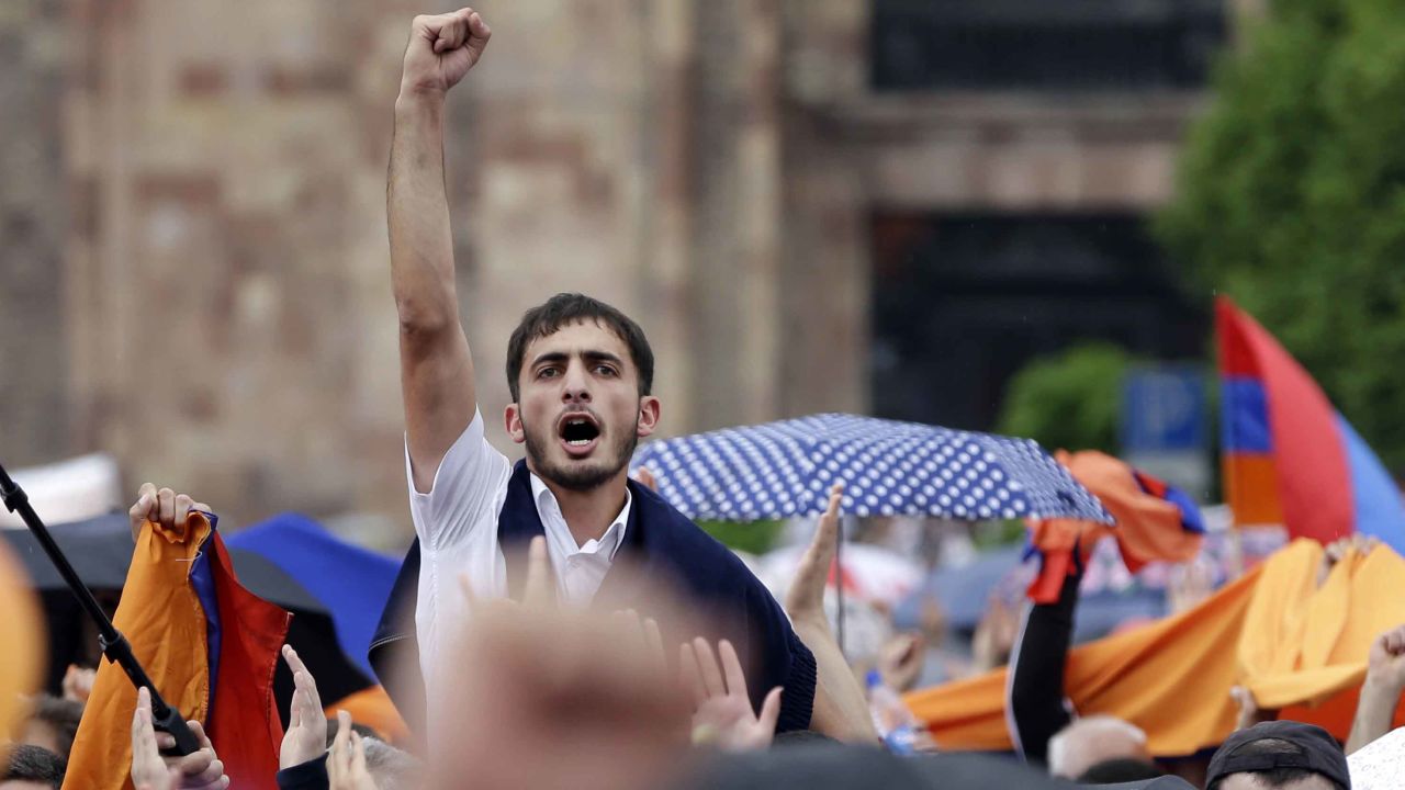 People cheer in Republic Square, Yerevan, after Pashinyan was elected prime minister.