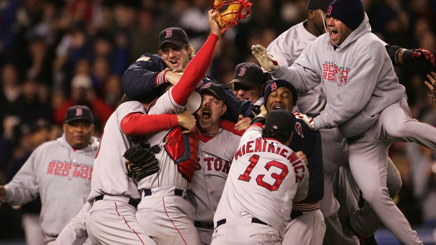 NEW YORK - OCTOBER 20:  The Boston Red Sox celebrate after defeating the New York Yankees 10-3 in game seven of the American League Championship Series on October 20, 2004 at Yankee Stadium in the Bronx borough of New York City. (Photo by Doug Pensinger/Getty Images)