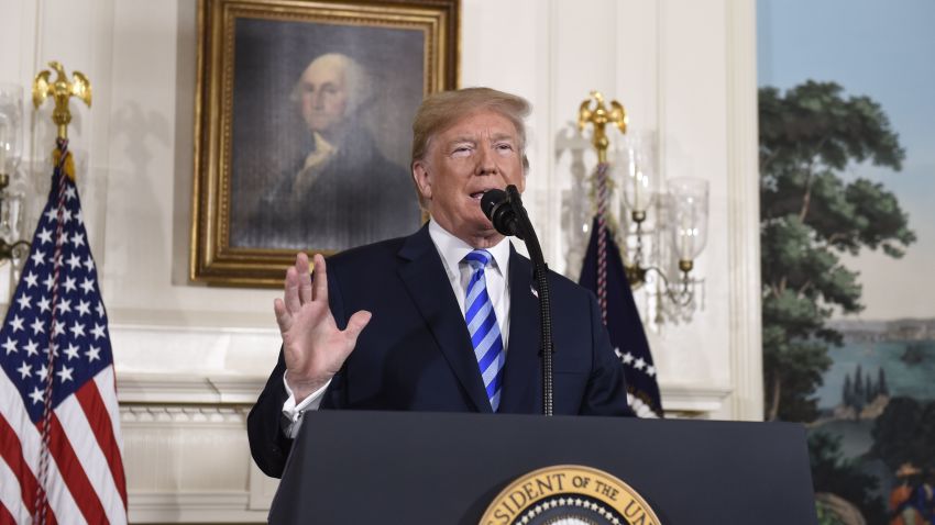 US President Donald Trump announces his decision on the Iran nuclear deal in the Diplomatic Reception Room at the White House in Washington, DC, on May 8.