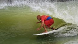 Kelly Slater of the US in the tube during the final of the WSL Founders' Cup of Surfing, at the Kelly Slater Surf Ranch in Lemoore, California on May 6, 2018. - The two-day event brings twenty five of the worlds top surfers to compete on perfect machine-created waves in a half-mile long (.8kms) wave pool situated 100 miles (160.9kms) inland from the Pacific Ocean. (Photo by MARK RALSTON / AFP)        (Photo credit should read MARK RALSTON/AFP/Getty Images)