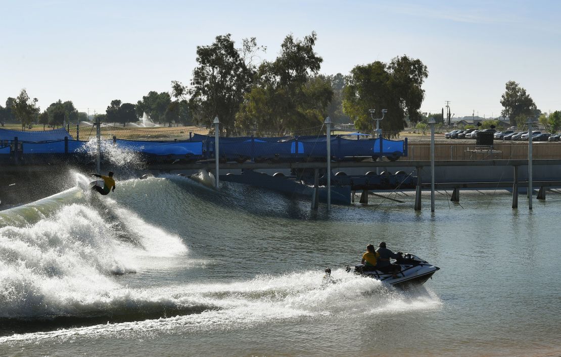 Brazil's Gabriel Medina rides towards the parking lot at Kelly Slater's Surf Ranch in Lemoore.