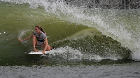 South Africa's Bianca Buitendag tests the tube at the inaugural Founders' Cup event at the Surf Ranch.