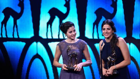 Yusra and Sara Mardini are seen on stage at the 2016 Bambi Awards. Sara has gone back to the the scene of their plight in Lesbos, in order to help others making similar journeys.