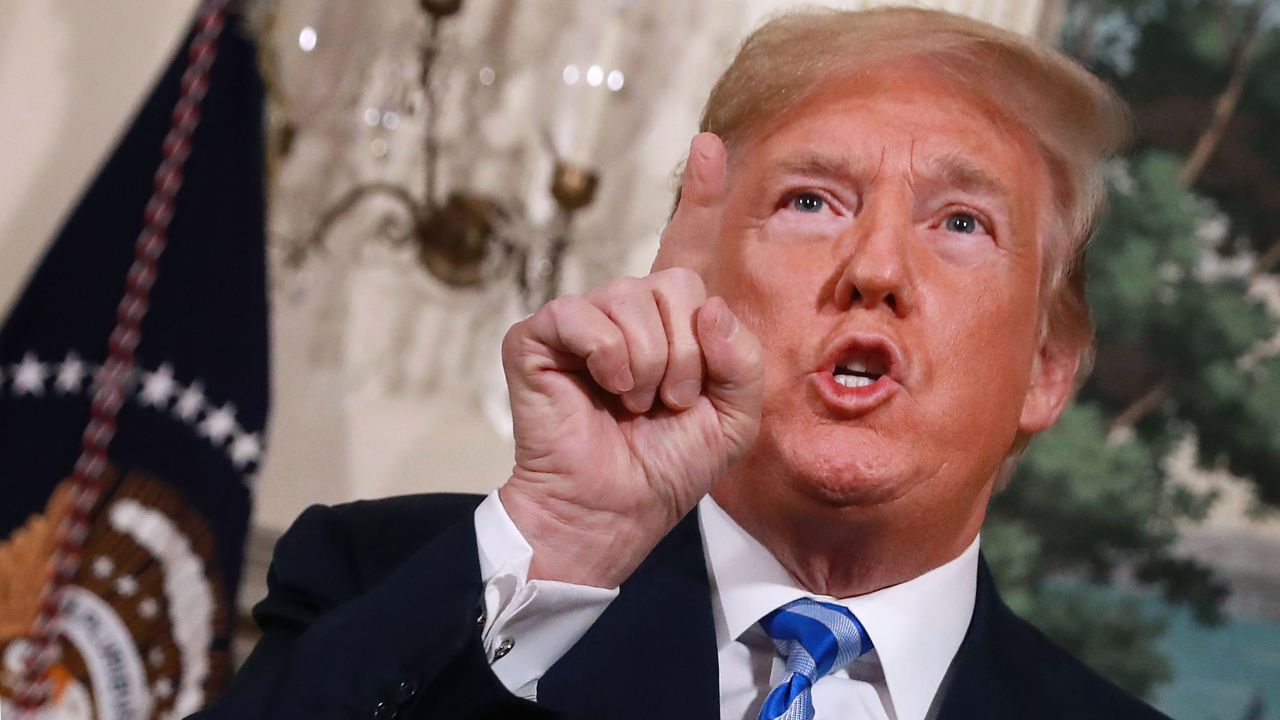 WASHINGTON, DC - MAY 08:  U.S. President Donald Trump announces his decision to withdraw the United States from the 2015 Iran nuclear deal in the Diplomatic Room at the White House May 8, 2018 in Washington, DC. After two and a half years of negotiations, Iran agreed in 2015 to end its nuclear program in exchange for Western countries, including the United States, lifting decades of economic sanctions. Since then international inspectors have not found any violations of the terms by Iran.  (Photo by Chip Somodevilla/Getty Images)