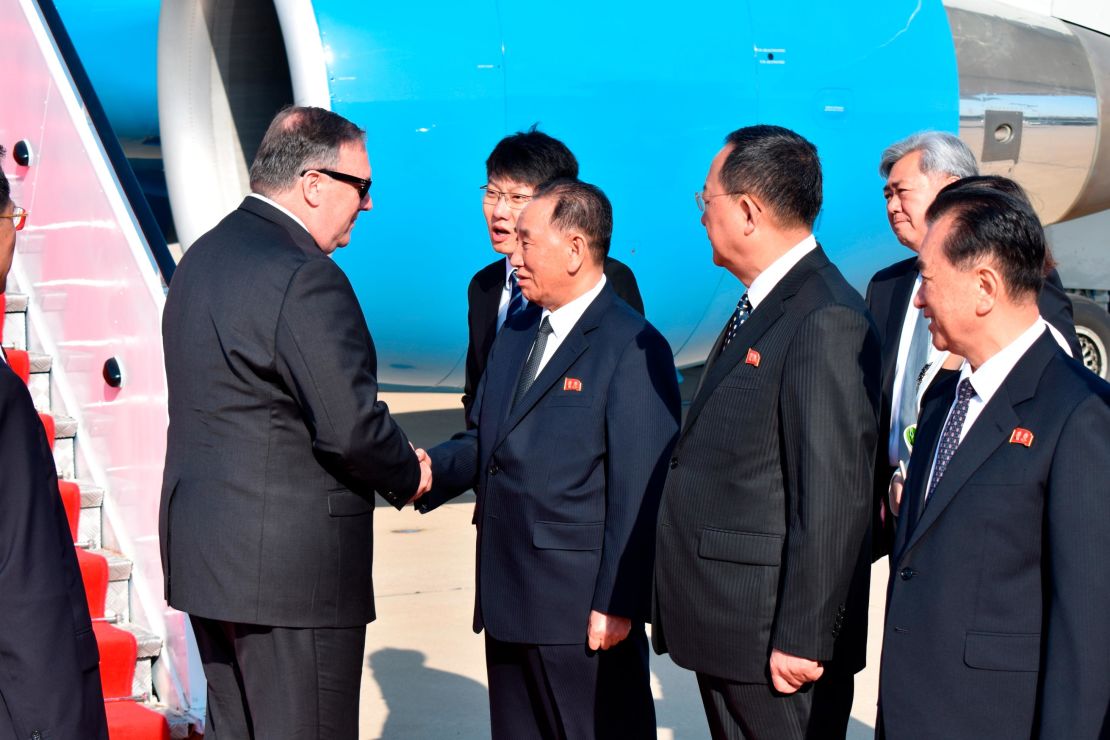 U.S. Secretary of State Mike Pompeo is shakes hands by senior North Korean official Kim Yong Chol, director of the United Front Department, which is responsible for North-South Korea affairs, upon his arrival to Pyongyang.