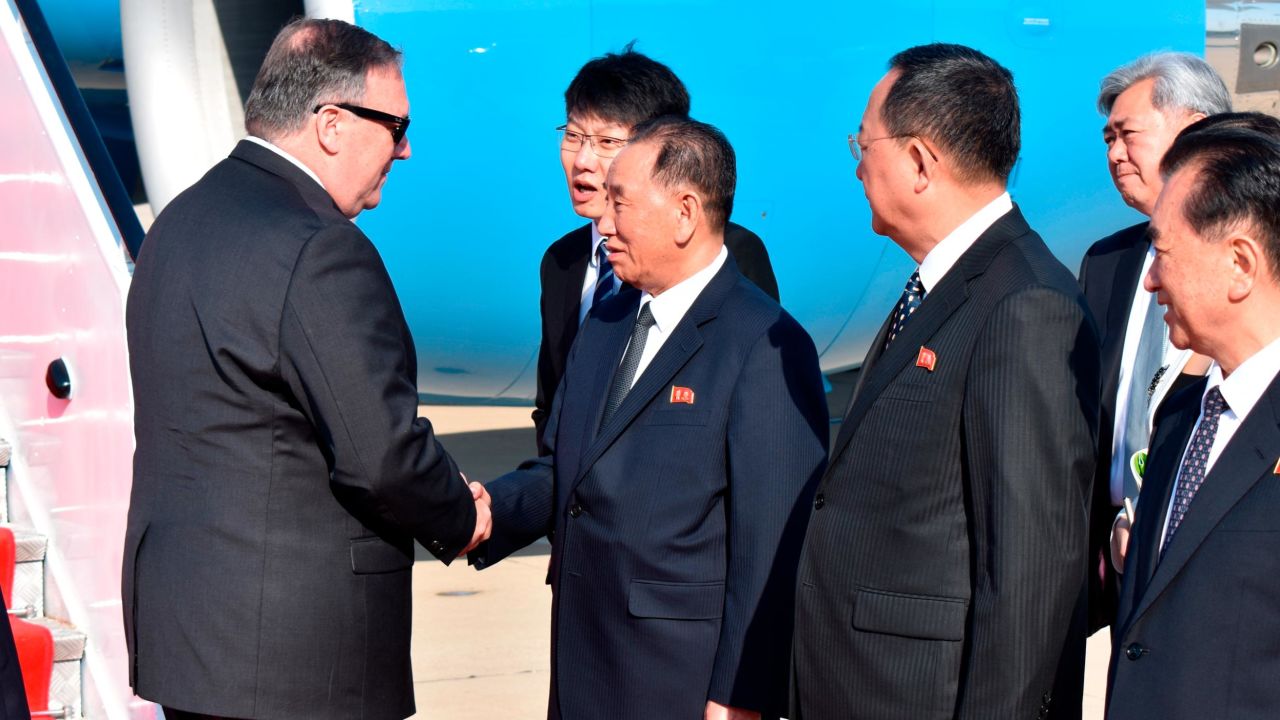 U.S. Secretary of State Mike Pompeo is shakes hands by senior North Korean official Kim Yong Chol, director of the United Front Department, which is responsible for North-South Korea affairs, upon his arrival to Pyongyang.