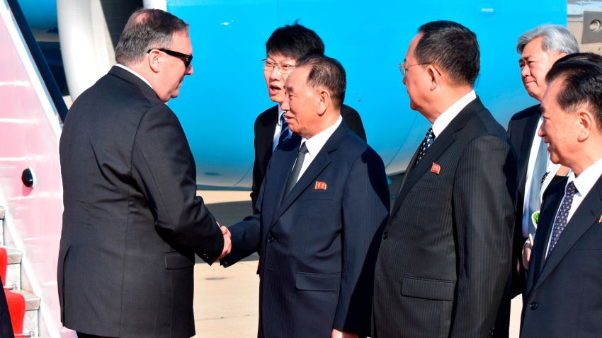 U.S. Secretary of State Mike Pompeo is greeted by senior North Korean official Kim Yong Chul, director of the United Front Department, which is responsible for North-South Korea affairs (left), and Foreign Minister Ri Su Yong, on his arrival in Pyongyang, North Korea, Wednesday, May 9, 2018. Pompeo met with North Korean leader Kim Jong Il later and secured the release of three American prisoners ahead of a planned summit between Kim and President Donald Trump. (AP/Matthew Lee, Pool)